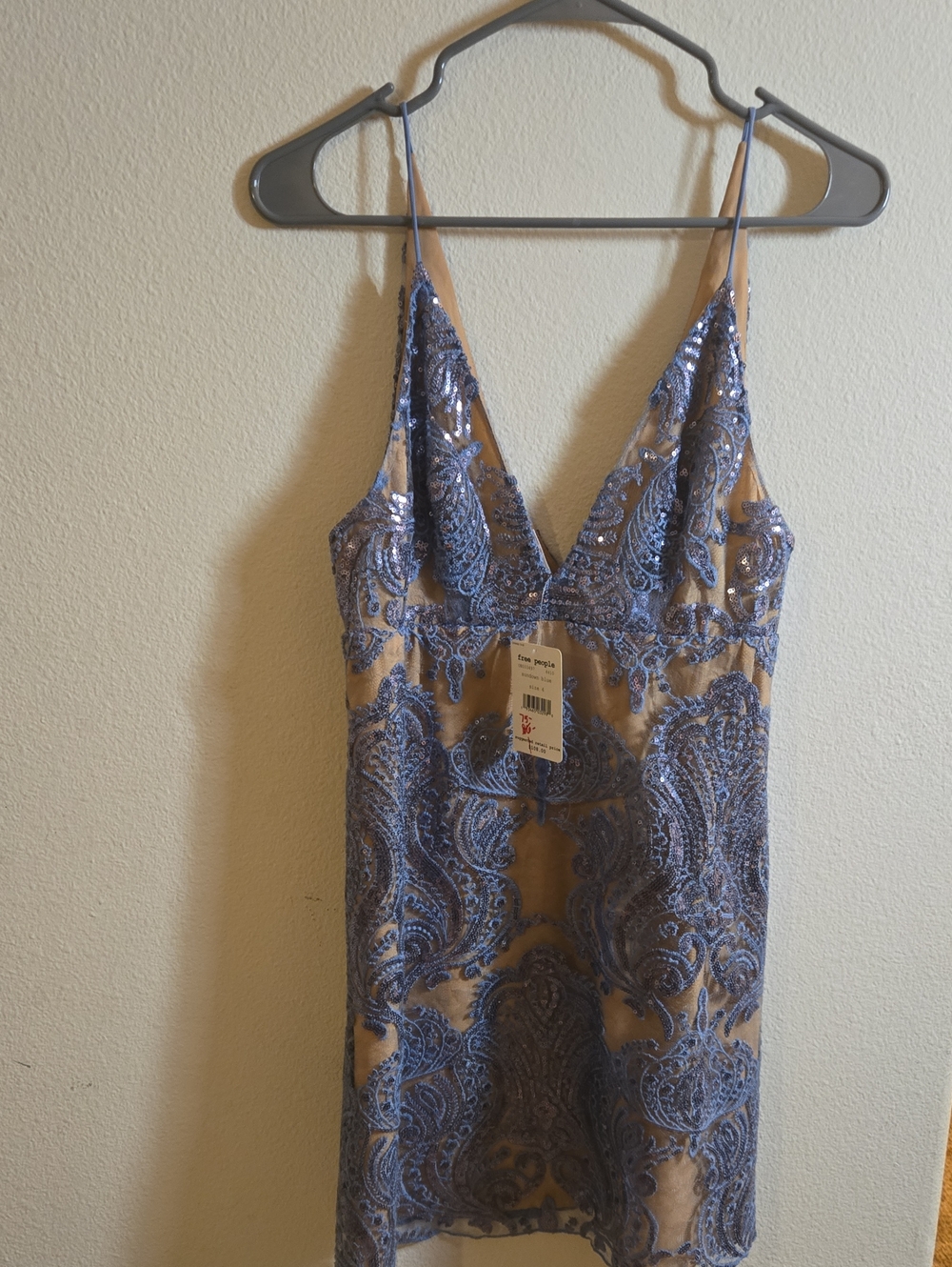 Free People Blue Lace Embroidered Mini Dress on Nude